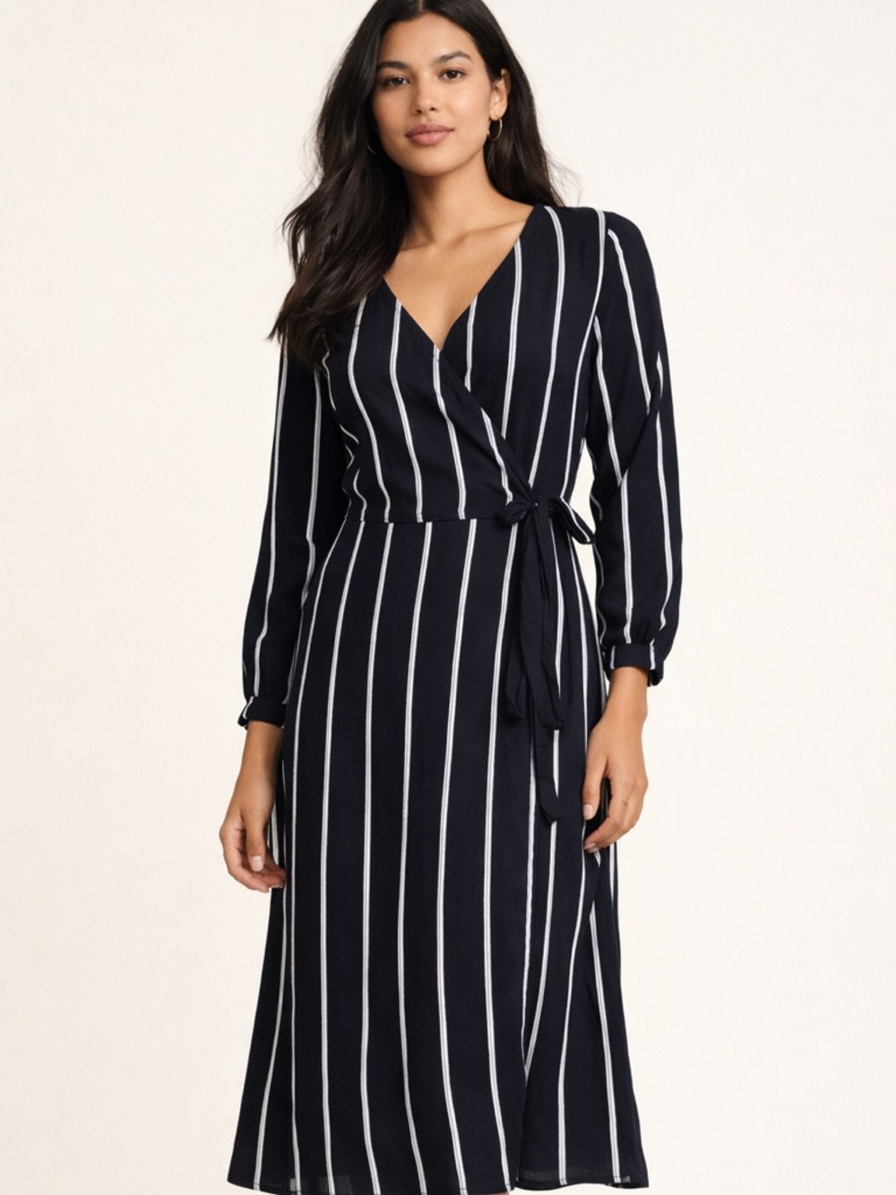 H&M Navy Blue White Striped Wrap Midi Dress Long Sleeve Tie Waist Size 10